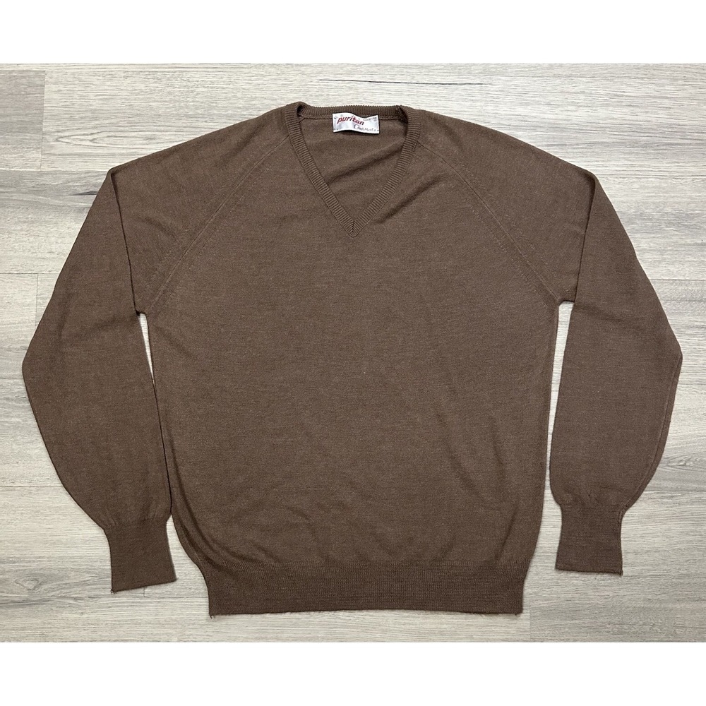 Puritan Sweater Men L Brown CashMist V Neck 100% Orlon Acrylic Made In USA